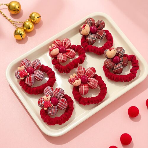 儿童新年红色花朵发绳