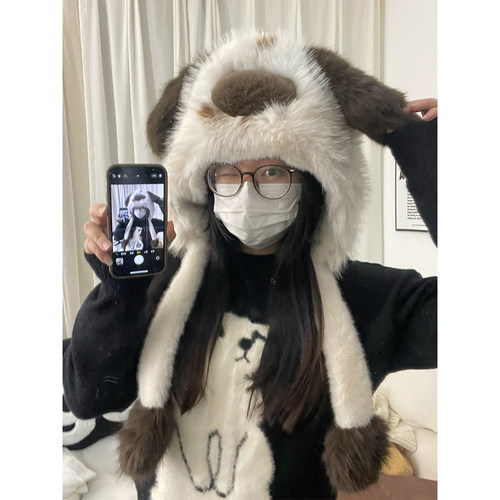 可爱小狗大耳朵毛绒帽女