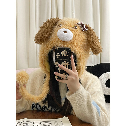 卡通可爱小狗毛绒帽子秋冬女加厚防寒护耳显脸小大头围保暖雷锋帽