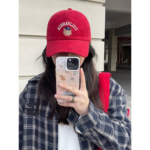 韩系学院风小熊刺绣鸭舌帽女显脸小百搭帽子遮阳氛围感宽檐棒球帽