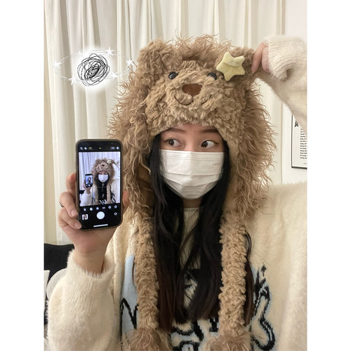 可爱小狮子毛绒帽秋冬女新款保暖加绒加厚护耳包头百搭防寒雷锋帽