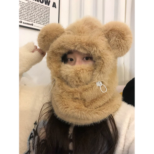 冬季 可爱小熊骑车毛绒帽子防寒防风口罩一体套头帽围脖保暖女帽子