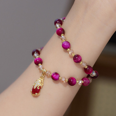 天然双层玫红虎眼石手链女金玉满堂貔貅猫眼旺夫石水晶手串