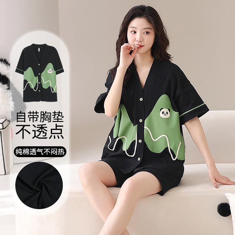 睡衣女款夏季纯棉短袖带胸垫薄款家居服套装短袖和尚领开衫纽扣