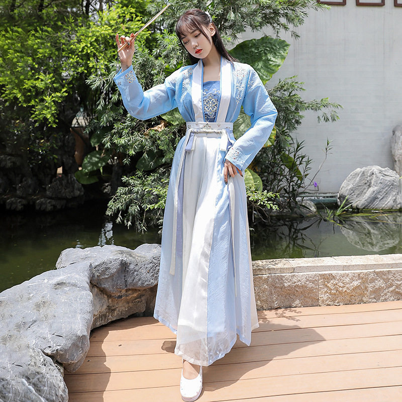 春秋日常明制汉服女成人中国风刺绣对襟上襦齐腰裙清新三件套装女