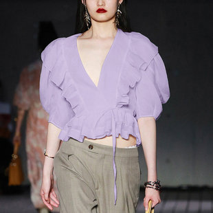 很仙 时尚 2023新款 潮流女装 紫色收腰气质荷叶边洋气雪纺上衣