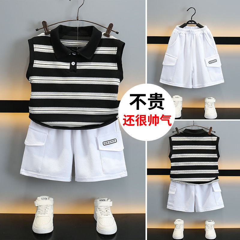 儿童韩版条纹POLO套装男童夏款帅气无袖POLO衫短裤两件套时尚潮帅