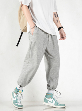 春夏季运动裤男士宽松潮流抽绳束脚休闲九分裤针织篮球灰色卫裤子