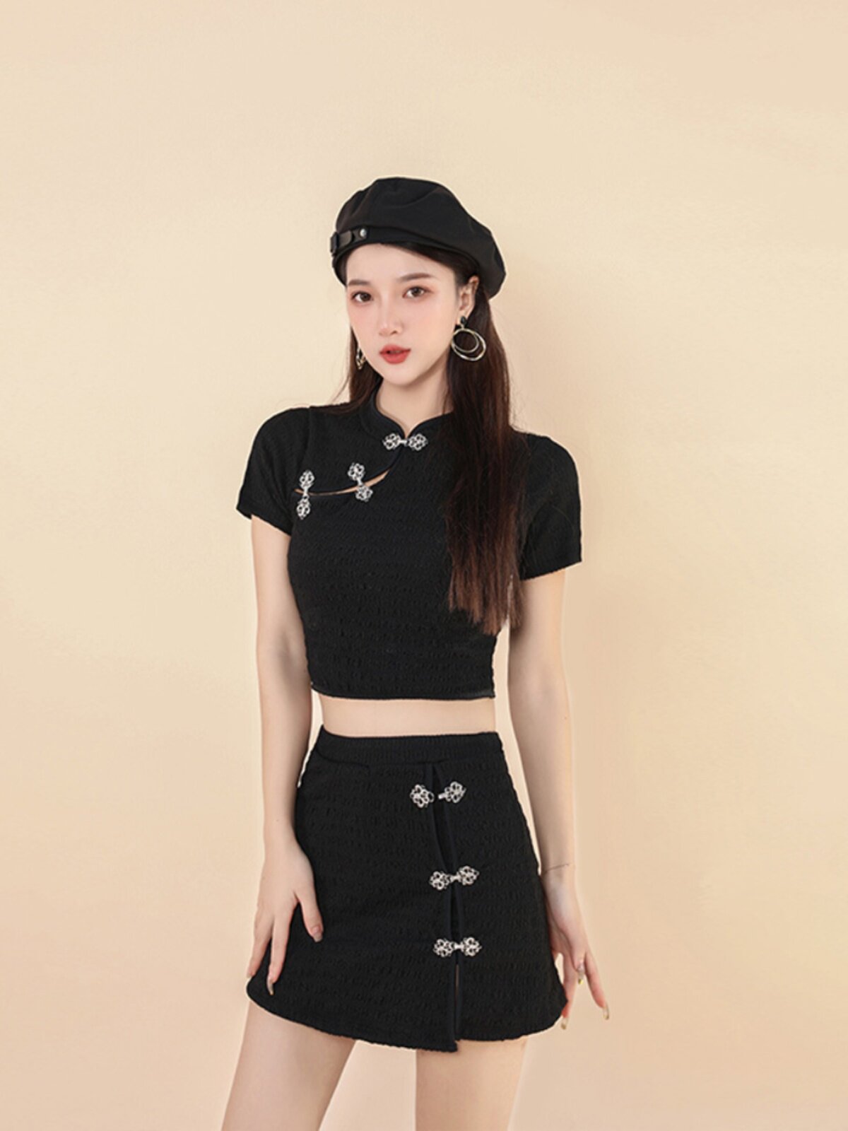 甜美中国风旗袍泳衣女黑色遮肉显瘦小胸保守平角裤分体泡温泉度假