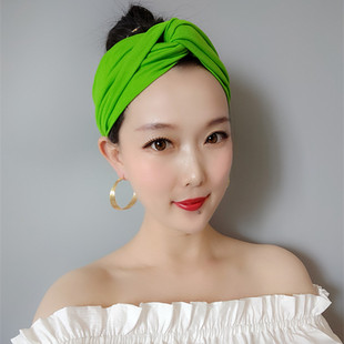 荧光绿 亮绿色 压发 防滑 简约 纯色 宽边 交叉 发带 包头巾 头箍