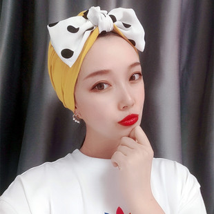 蝴蝶结帽 月子帽 姜黄色白色波点帽子 夏季 甜美 产妇薄款 防风