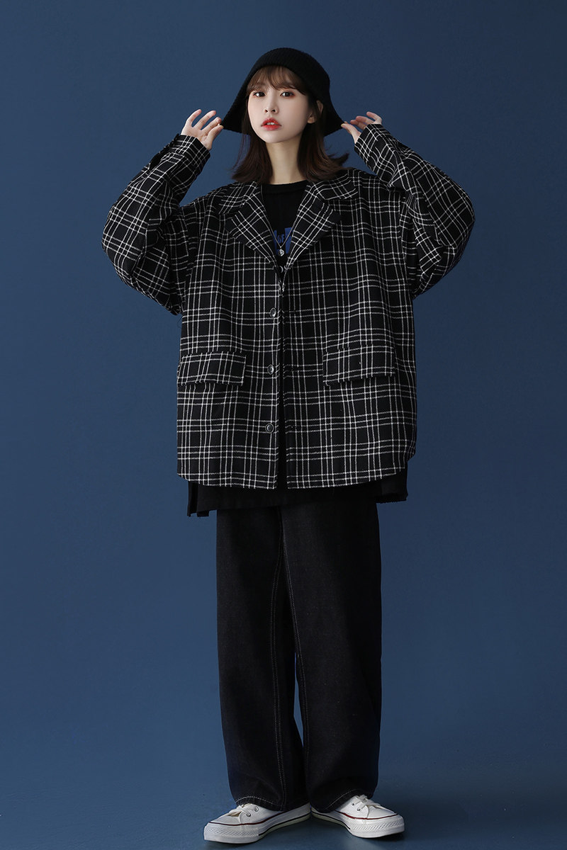 2023春季宽松格子夹克中性风舒适外套潮拉风夹克D516P65,女装短外套,星座312B-1