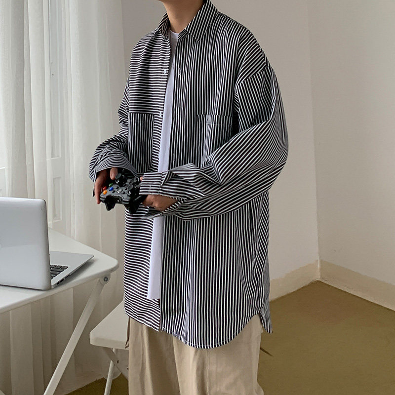 2022新款春季免烫长袖条纹青少年流行宽松休闲尖领衬衫D603P38,男装衬衫,星座312B-1