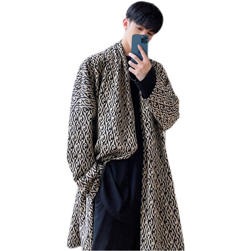 2021秋季外套男士宽松暗黑小众翻领潮流长款针织开衫风衣D758,男装风衣,星座312B-1