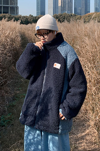 2023冬季新款百搭潮男羊羔毛棉衣宽松舒适拼色小清新外套D118P115图片