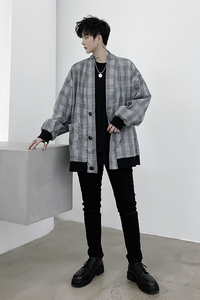 2024春季小众暗黑风格外穿青少年格子宽松开衫式外套夹克D37P85图片