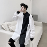 2021秋季潮款个性黑白撞色衬衫中长款宽松暗黑男衬衫D684，男装衬衫，星座312B-1