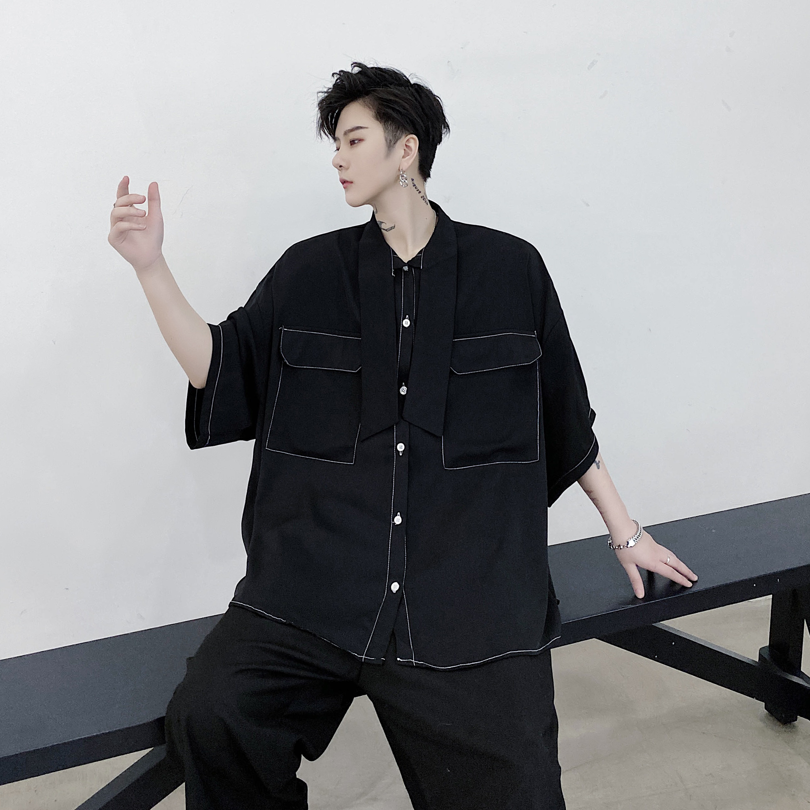 2022夏季暗黑小众风格免烫顺滑五分袖男衬衫D619P55,男装衬衫,星座312B-1