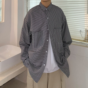 2021春夏季条纹工装长袖衬衣男士宽松衬衫长袖潮男D603P45图片