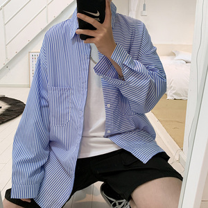 2021春款潮牌基础休闲宽松条纹短袖男衬衫D603P45图片
