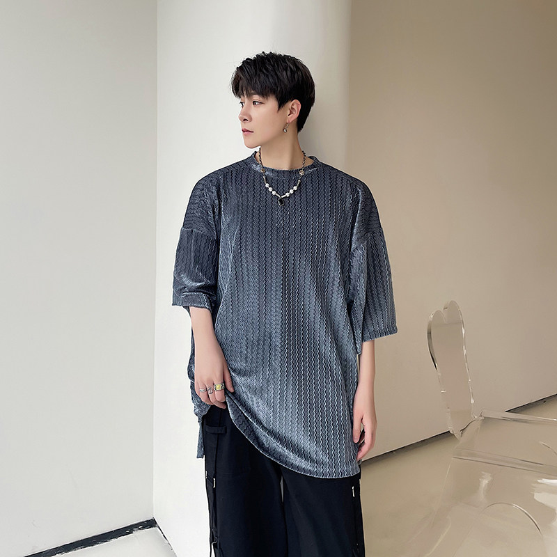 2023夏季金丝绒纯色波浪纹宽松小众休闲男士t恤D843P48,男装T恤,星座312B-1