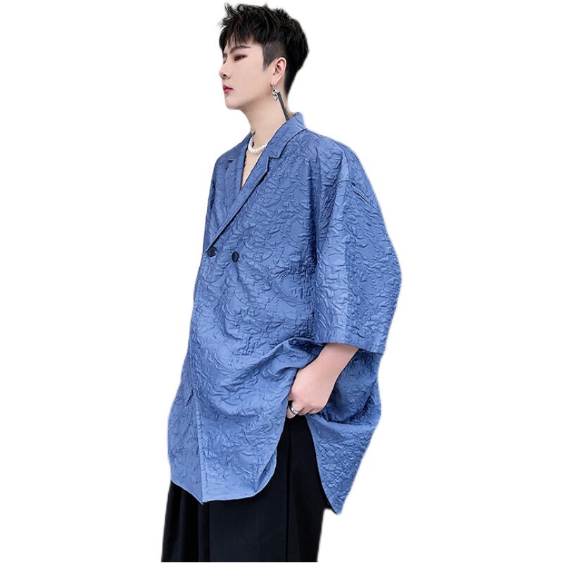 2022小众风格提花宽松纯色夏季五分袖西装领外套衬衣D708P65,男装衬衫,星座312B-1