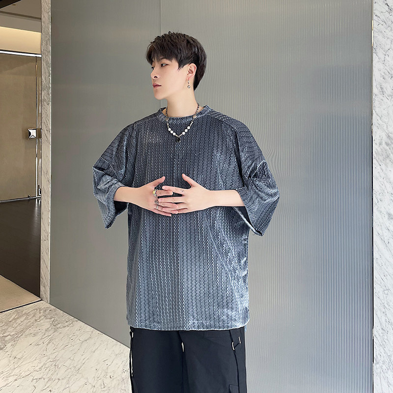 2023夏季金丝绒纯色波浪纹宽松小众休闲男士t恤D843P48,男装T恤,星座312B-1