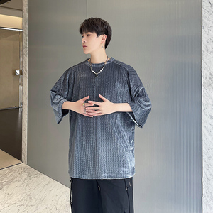 2023夏季金丝绒纯色波浪纹宽松小众休闲男士t恤D843P48图片