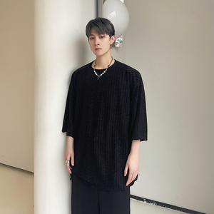 2023夏季金丝绒纯色波浪纹宽松小众休闲男士t恤D843P48图片