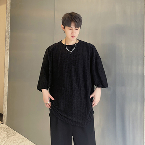 2023夏季金丝绒纯色波浪纹宽松小众休闲男士t恤D843P48图片