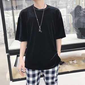 短袖男生夏季宽松港风体恤美式潮牌丝绒半袖t恤D153P45图片
