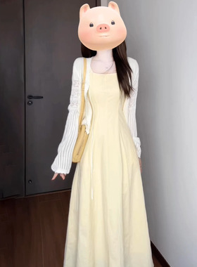 白色生日长裙子女春季大衣内搭收腰显瘦无袖高级感气质吊带连衣裙