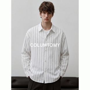 亚麻条纹衬衫外套2026春秋季新款老钱风长袖莱赛尔宽松休闲上衣男