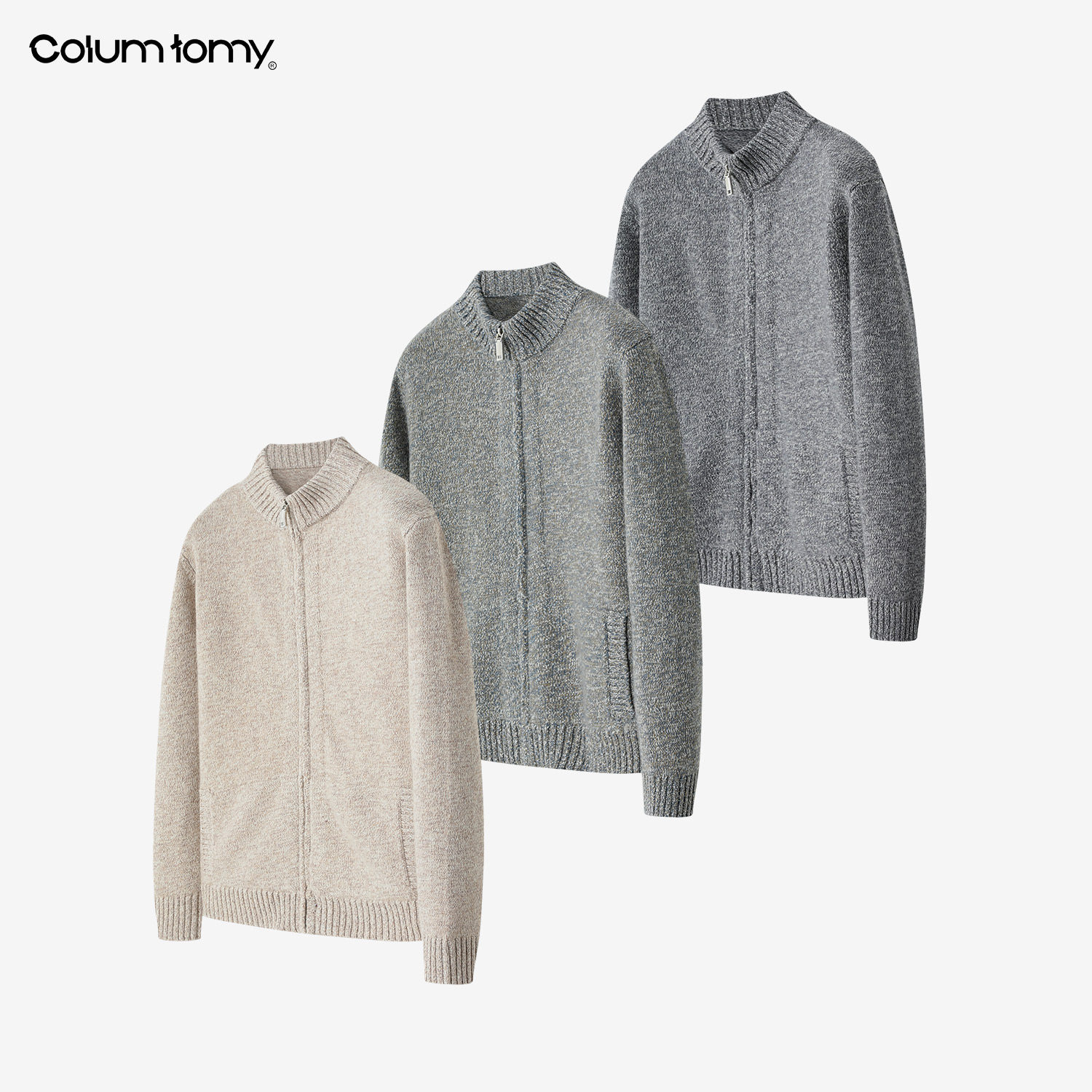 Columtomy 2025/AW 100%绵羊毛开衫外套男半高领老钱风针织毛衣