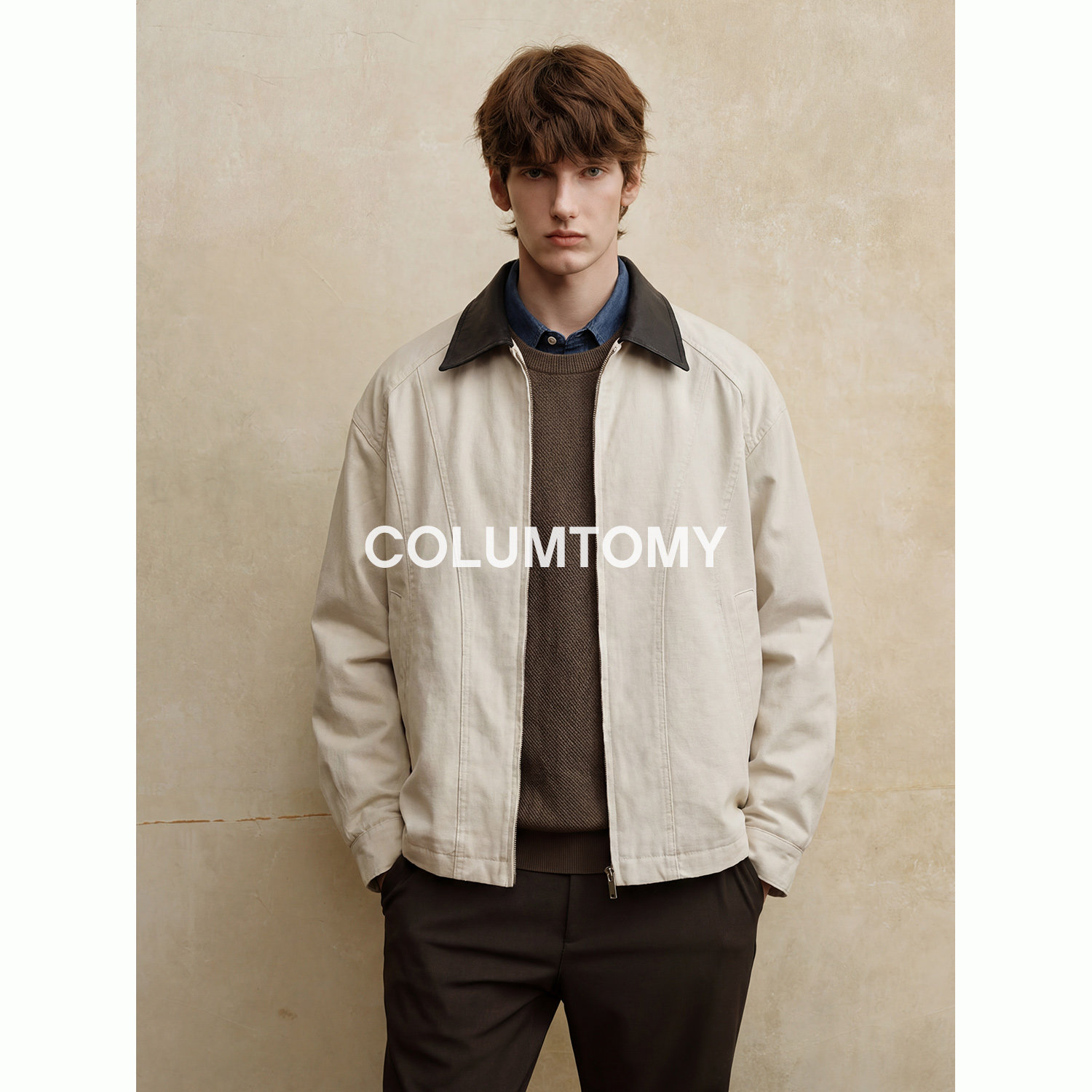 老钱风翻领拼色100%棉外套男士休闲夹克2026年春秋新款高级感潮流