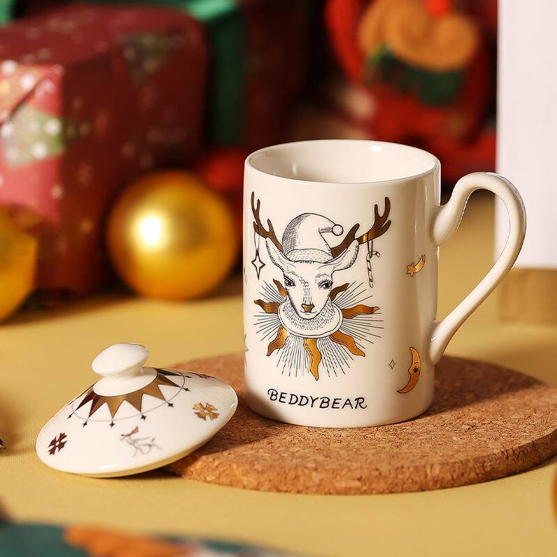 杯具熊圣诞马克带杯盖咖啡杯春节情侣礼物金鹿陶瓷水杯子礼盒装