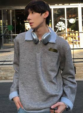BUFANSTUDIO绒感半拉链翻领撞色针织衫慵懒风毛衣简约男复古简约