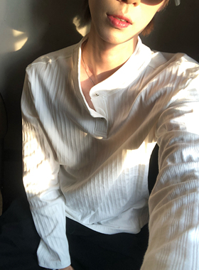 BUFANSTUDIO亨利领长袖T恤坑条棉基础纯色上衣老钱风cleanfit男女