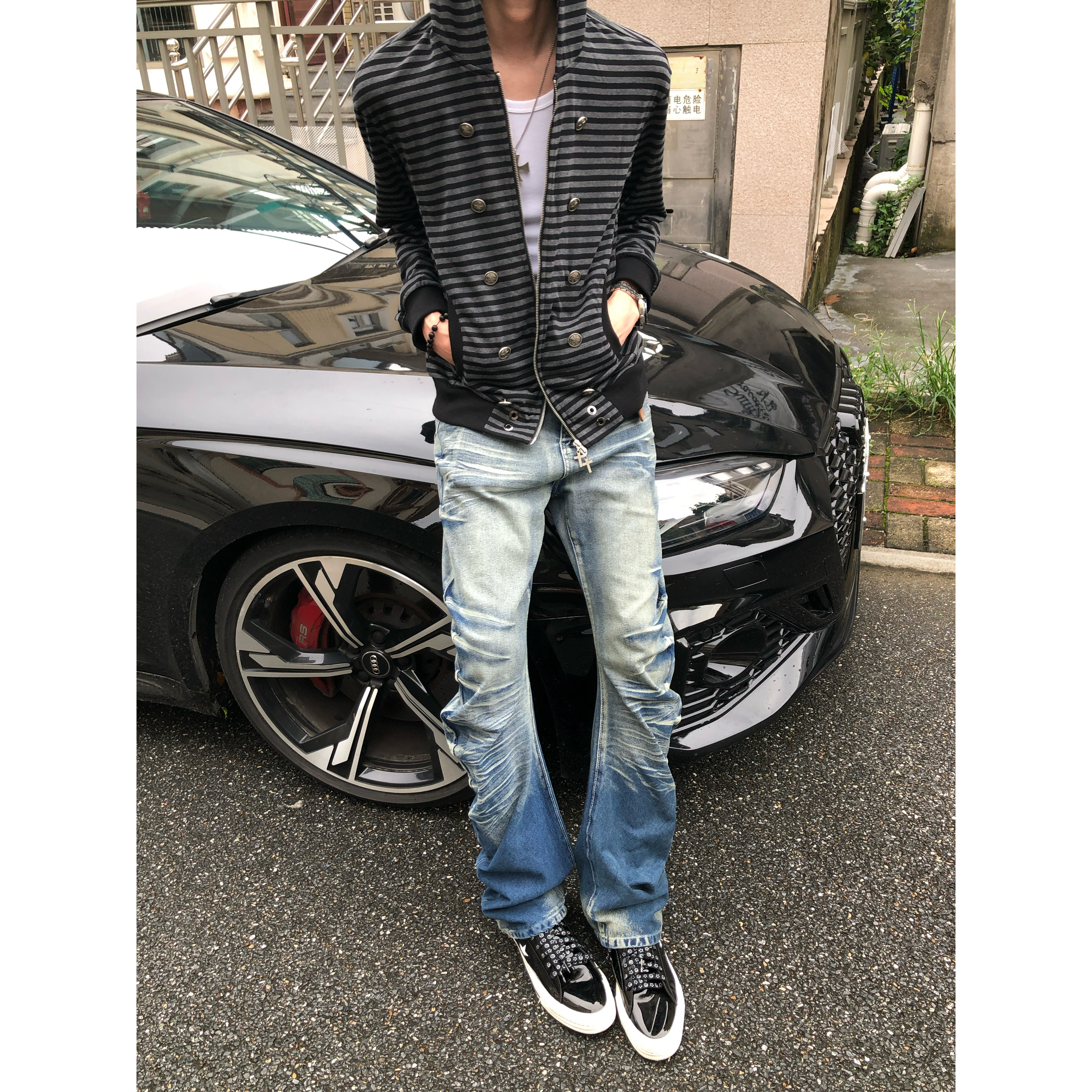 BUFANSTUDIO靛蓝染裂纹水洗猫须弯刀牛仔裤红排扣修身skinny长裤