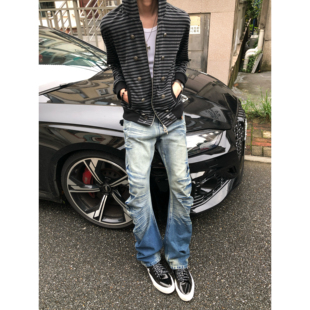 BUFANSTUDIO靛蓝染裂纹水洗猫须弯刀牛仔裤红排扣修身skinny长裤