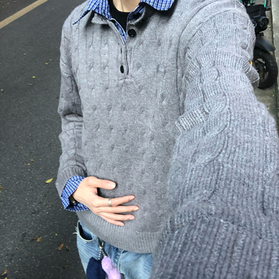 绞花假两件拼接条纹长袖男毛衣