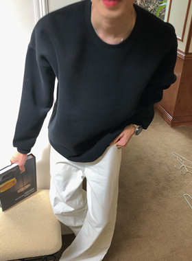 BUFANSTUDIO420g美式重磅纯色圆领卫衣套头宽松情侣休闲cleanfit