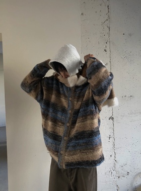 BUFANSTUDIO复古撞色慵懒风开衫毛衣针织衫男女宽松情侣外套干净