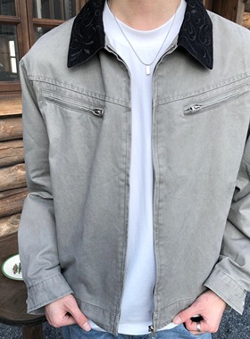 BUFANSTUDIO巴恩风花卉刺绣翻领底特律夹克短宽工装水洗男外套