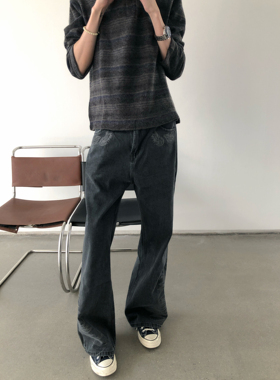 BUFANSTUDIO‘双生花’羽毛刺绣灰牛美式复古绣花水洗牛仔裤长裤