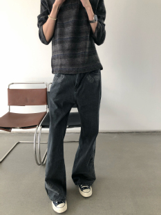 长裤 BUFANSTUDIO‘双生花’羽毛刺绣灰牛美式 复古绣花水洗牛仔裤