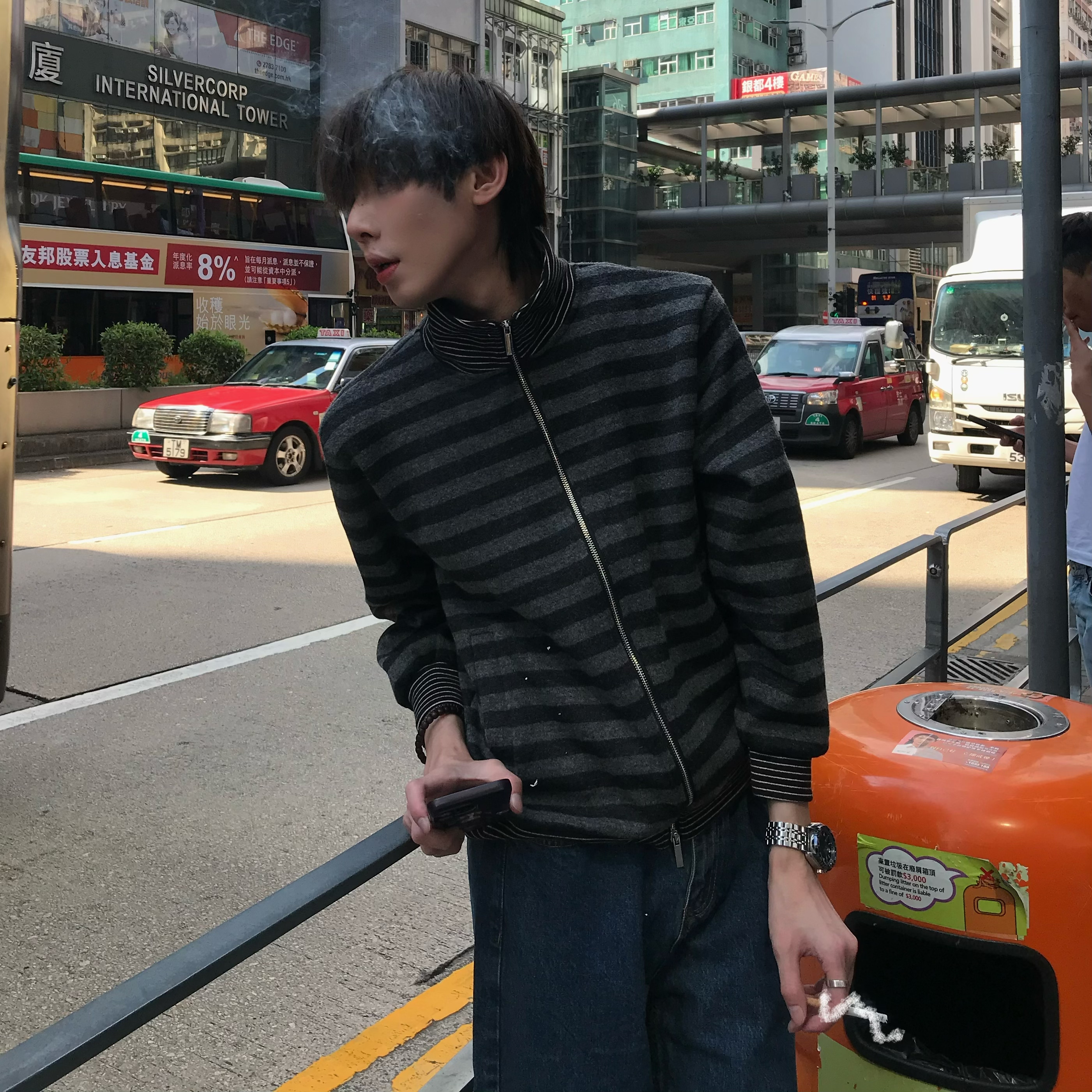 BUFANSTUDIO羊毛混纺撞色条纹立领休闲长袖针织衫慵懒拉链外套男