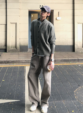 BUFANSTUDIO花纱羊毛混纺半高领毛衣开衫老钱灰色百搭cleanfit