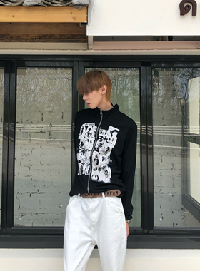 BUFANSTUDIO美式人像印花修身轻薄立领夹克hediboy风短宽长袖外套