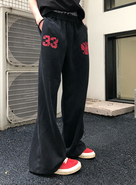 BUFANSTUDIO水洗做旧33印花重磅宽松直筒卫裤长裤美式复古休闲裤